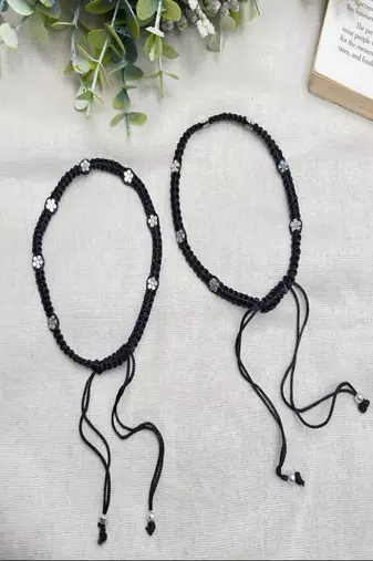 Handmade Black Thread Anklet with Silver Plated Flowers, Adjustable Macrame Ankle Bracelet