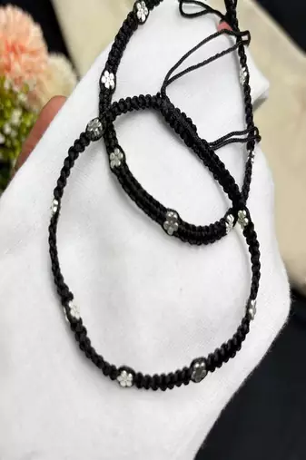 Handmade Black Thread Anklet with Silver Plated Flowers, Adjustable Macrame Ankle Bracelet