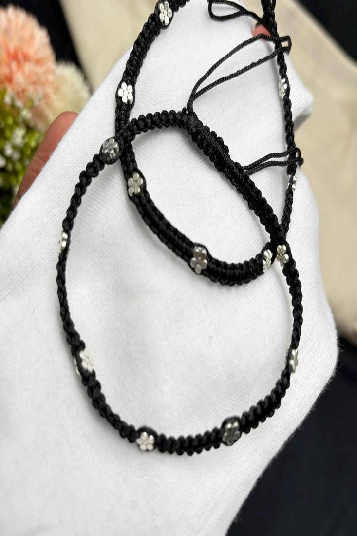 Handmade Black Thread Anklet with Silver Plated Flowers, Adjustable Macrame Ankle Bracelet