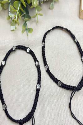Handmade Black Thread Anklet with Silver Plated Flowers, Adjustable Macrame Ankle Bracelet 4