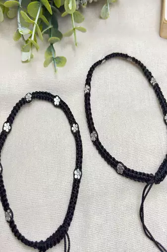 Handmade Black Thread Anklet with Silver Plated Flowers, Adjustable Macrame Ankle Bracelet