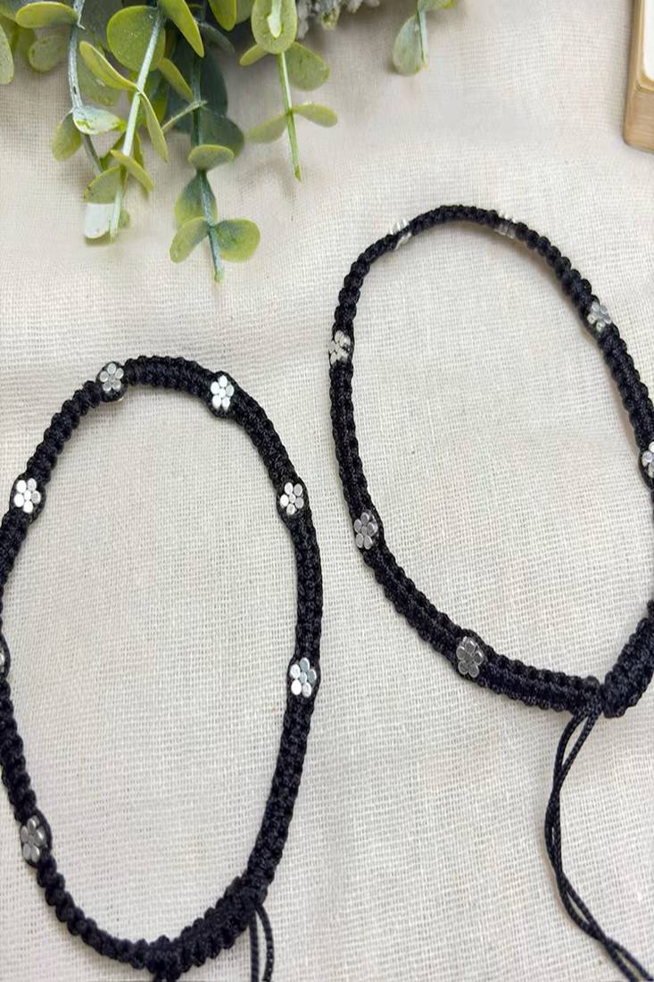 Handmade Black Thread Anklet with Silver Plated Flowers, Adjustable Macrame Ankle Bracelet