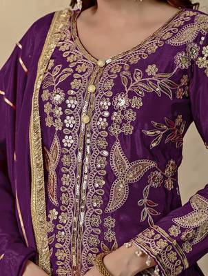 Women's royal purple heavy embroidered sharara suit set with dupatta 3