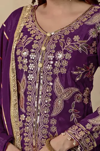 Women's royal purple heavy embroidered sharara suit set with dupatta