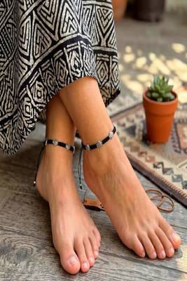 Handcrafted Black Thread Macrame Anklet, Oxidized Silver Plated Brass Charms, Boho Adjustable Ankle Bracelet 1