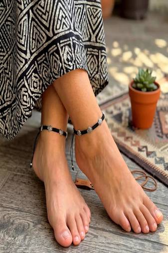 Handcrafted Black Thread Macrame Anklet, Oxidized Silver Plated Brass Charms, Boho Adjustable Ankle Bracelet