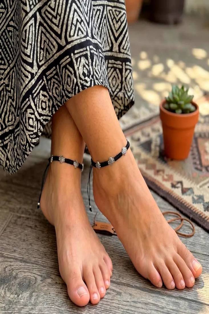 Handcrafted Black Thread Macrame Anklet, Oxidized Silver Plated Brass Charms, Boho Adjustable Ankle Bracelet