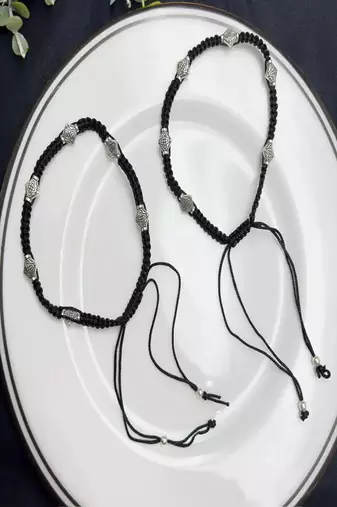 Handcrafted Black Thread Macrame Anklet, Oxidized Silver Plated Brass Charms, Boho Adjustable Ankle Bracelet