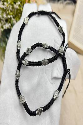 Handcrafted Black Thread Macrame Anklet, Oxidized Silver Plated Brass Charms, Boho Adjustable Ankle Bracelet 3