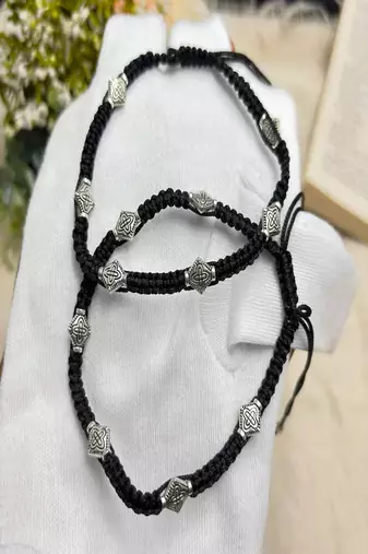 Handcrafted Black Thread Macrame Anklet, Oxidized Silver Plated Brass Charms, Boho Adjustable Ankle Bracelet