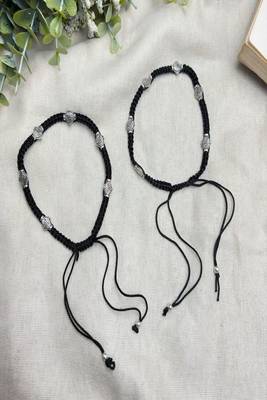 Handcrafted Black Thread Macrame Anklet, Oxidized Silver Plated Brass Charms, Boho Adjustable Ankle Bracelet 4