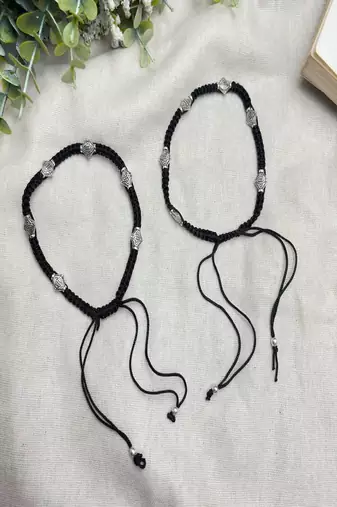Handcrafted Black Thread Macrame Anklet, Oxidized Silver Plated Brass Charms, Boho Adjustable Ankle Bracelet