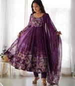 Women's Beautiful Floral Printed Organza Silk Fabric Flared Anarkali Pant and Dupatta Set