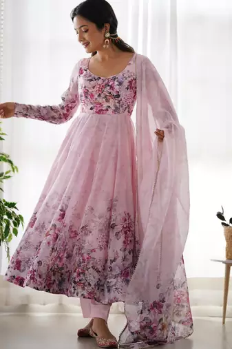 Women's Beautiful Floral Printed Organza Silk Fabric Flared Anarkali Pant and Dupatta Set