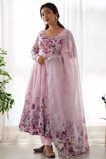 Women's Beautiful Floral Printed Organza Silk Fabric Flared Anarkali Pant and Dupatta Set