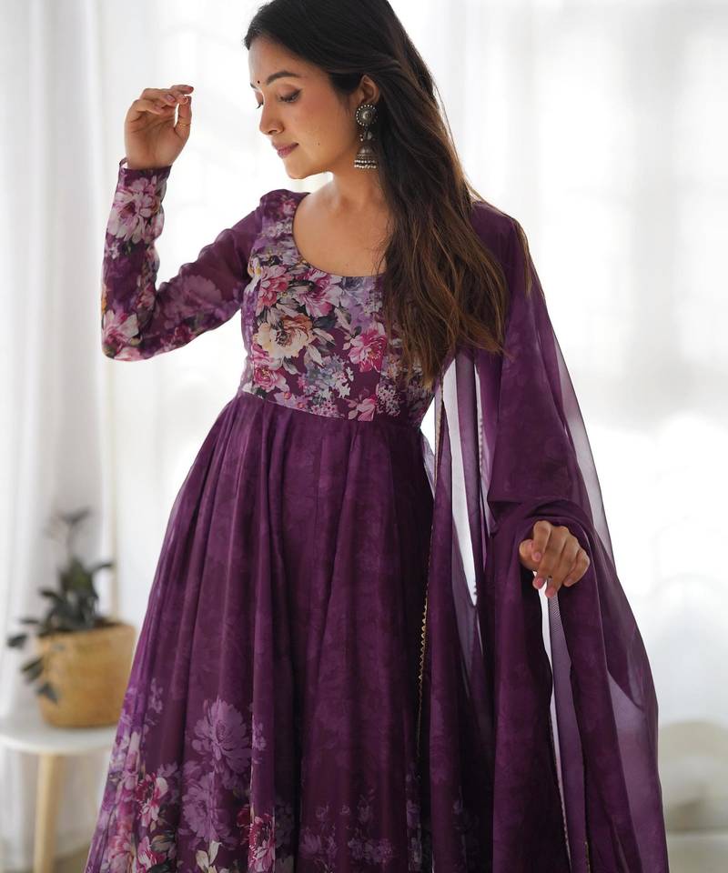 Women's Beautiful Floral Printed Organza Silk Fabric Flared Anarkali Pant and Dupatta Set