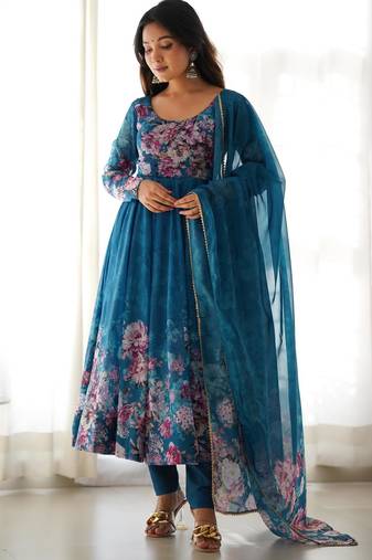 Women's Beautiful Floral Printed Organza Silk Fabric Flared Anarkali Pant and Dupatta Set