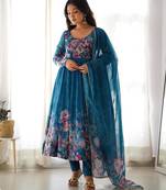 Women's Beautiful Floral Printed Organza Silk Fabric Flared Anarkali Pant and Dupatta Set