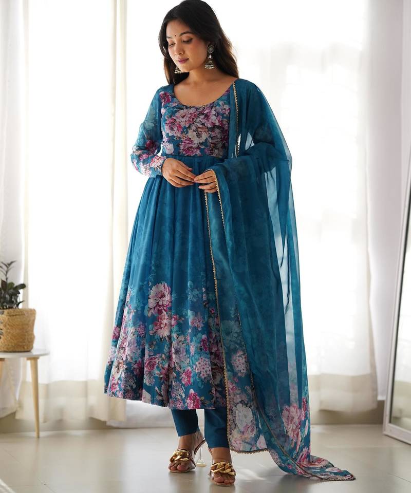 Women's Beautiful Floral Printed Organza Silk Fabric Flared Anarkali Pant and Dupatta Set