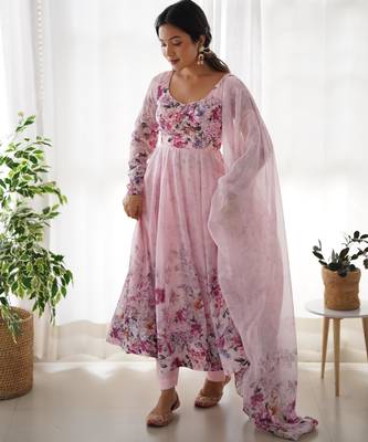 Women's Beautiful Floral Printed Organza Silk Fabric Flared Anarkali Pant and Dupatta Set 5