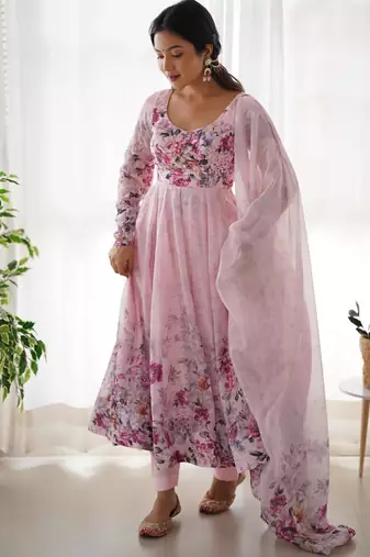 Women's Beautiful Floral Printed Organza Silk Fabric Flared Anarkali Pant and Dupatta Set