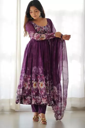 Women's Beautiful Floral Printed Organza Silk Fabric Flared Anarkali Pant and Dupatta Set