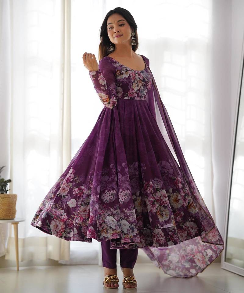 Women's Beautiful Floral Printed Organza Silk Fabric Flared Anarkali Pant and Dupatta Set