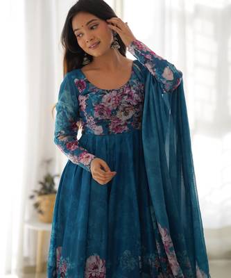 Women's Beautiful Floral Printed Organza Silk Fabric Flared Anarkali Pant and Dupatta Set 2