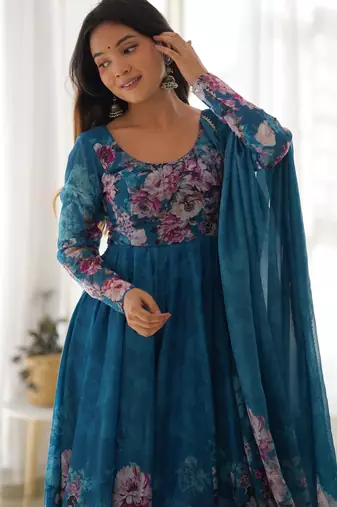 Women's Beautiful Floral Printed Organza Silk Fabric Flared Anarkali Pant and Dupatta Set