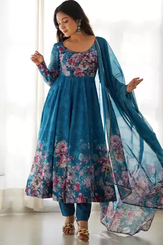 Women's Beautiful Floral Printed Organza Silk Fabric Flared Anarkali Pant and Dupatta Set