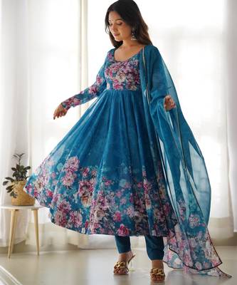 Women's Beautiful Floral Printed Organza Silk Fabric Flared Anarkali Pant and Dupatta Set 4
