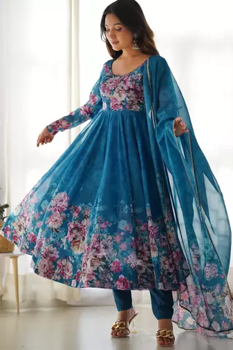 Women's Beautiful Floral Printed Organza Silk Fabric Flared Anarkali Pant and Dupatta Set