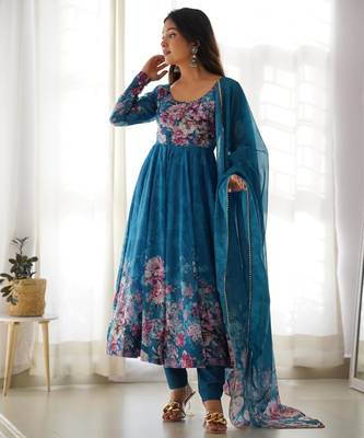 Women's Beautiful Floral Printed Organza Silk Fabric Flared Anarkali Pant and Dupatta Set 5