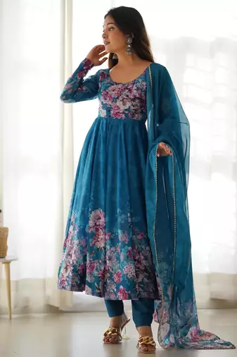 Women's Beautiful Floral Printed Organza Silk Fabric Flared Anarkali Pant and Dupatta Set