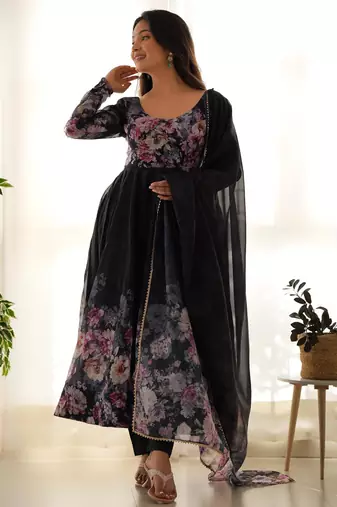 Women's Beautiful Floral Printed Organza Silk Fabric Flared Anarkali Pant and Dupatta Set