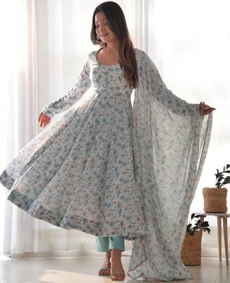 Women's Beautiful Floral Printed Chiffon Fabric Flared Anarkali Pant and Dupatta Set 1