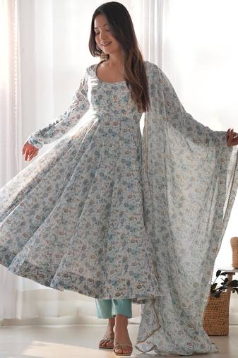 Women's Beautiful Floral Printed Chiffon Fabric Flared Anarkali Pant and Dupatta Set