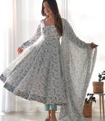 Women's Beautiful Floral Printed Chiffon Fabric Flared Anarkali Pant and Dupatta Set