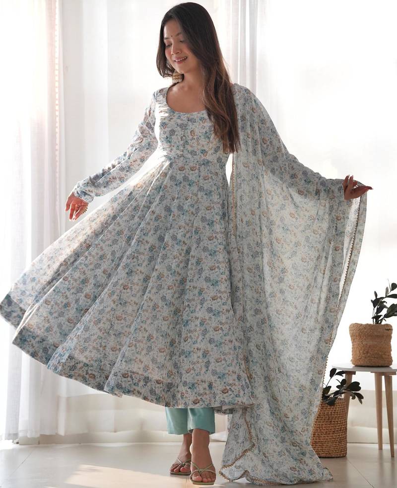 Women's Beautiful Floral Printed Chiffon Fabric Flared Anarkali Pant and Dupatta Set