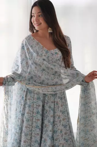 Women's Beautiful Floral Printed Chiffon Fabric Flared Anarkali Pant and Dupatta Set