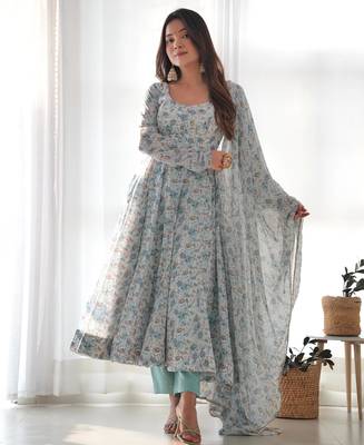 Women's Beautiful Floral Printed Chiffon Fabric Flared Anarkali Pant and Dupatta Set 4