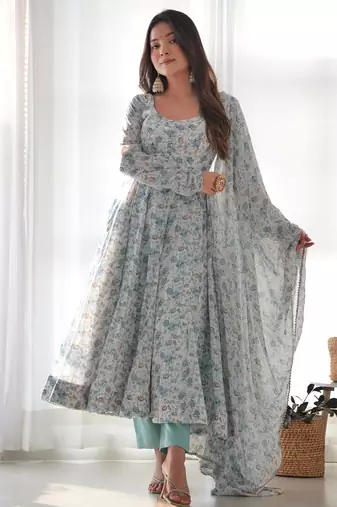Women's Beautiful Floral Printed Chiffon Fabric Flared Anarkali Pant and Dupatta Set