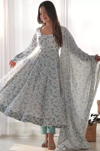 Women's Beautiful Floral Printed Chiffon Fabric Flared Anarkali Pant and Dupatta Set
