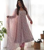 Women's Beautiful Floral Printed Chiffon Fabric Flared Anarkali Pant and Dupatta Set