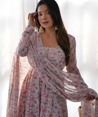 Women's Beautiful Floral Printed Chiffon Fabric Flared Anarkali Pant and Dupatta Set 2