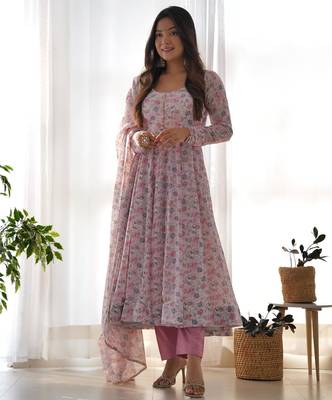 Women's Beautiful Floral Printed Chiffon Fabric Flared Anarkali Pant and Dupatta Set 4