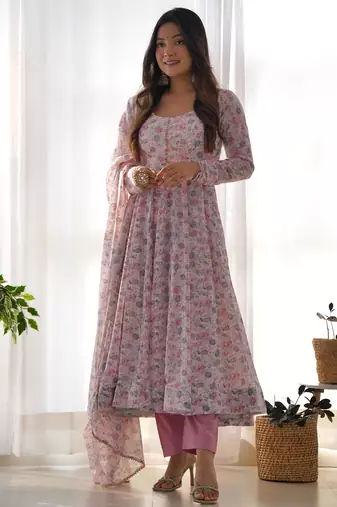 Women's Beautiful Floral Printed Chiffon Fabric Flared Anarkali Pant and Dupatta Set