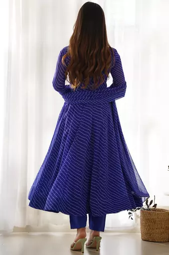 Women's Gorgeous Laheriya Print Fox Georgette Fabric Flared Anarkali Pant and Dupatta Set