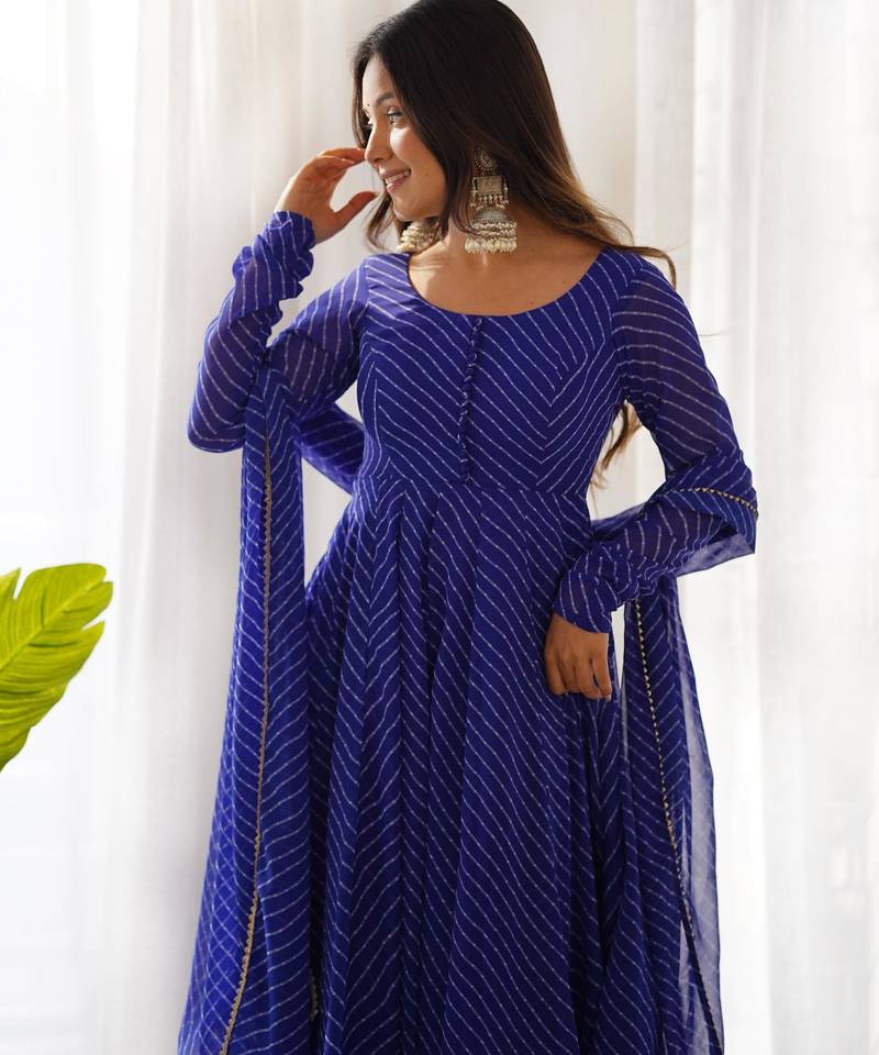 Women's Gorgeous Laheriya Print Fox Georgette Fabric Flared Anarkali Pant and Dupatta Set
