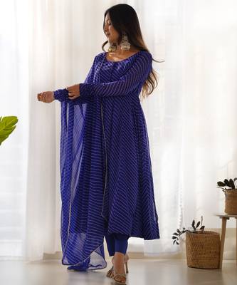 Women's Gorgeous Laheriya Print Fox Georgette Fabric Flared Anarkali Pant and Dupatta Set 4
